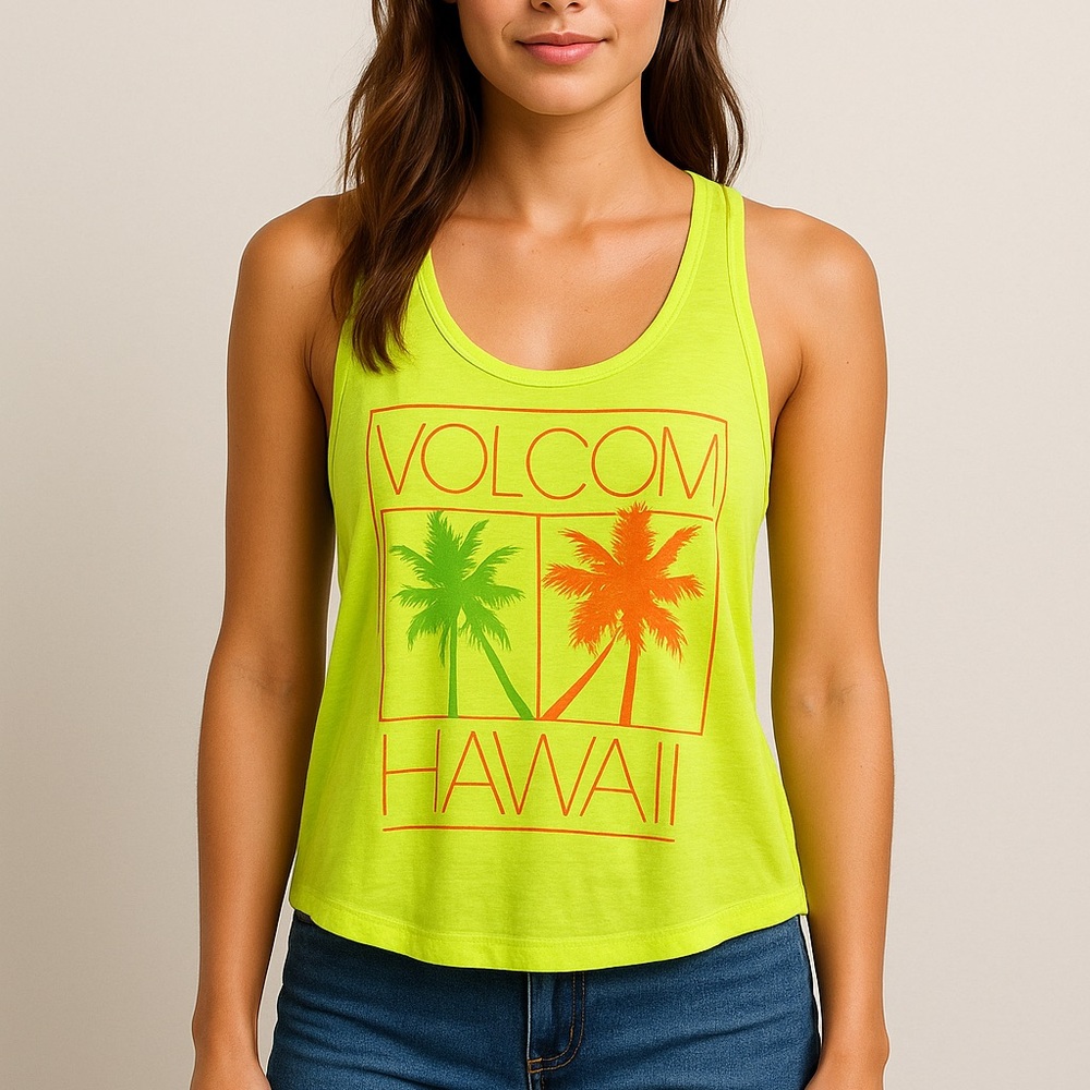Volcom Hawaii Lime Green Palm Tree Tank Top XS Graphic Sleeveless Summer Beach